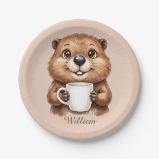 Prato De Papel Personalized Cozy Coffee Beaver Woodland Morning