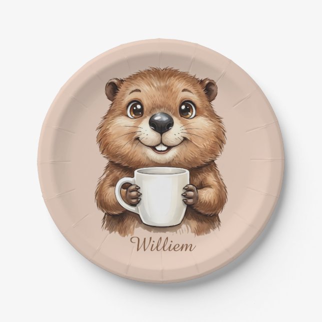 Prato De Papel Personalized Cozy Coffee Beaver Woodland Morning (Frente)
