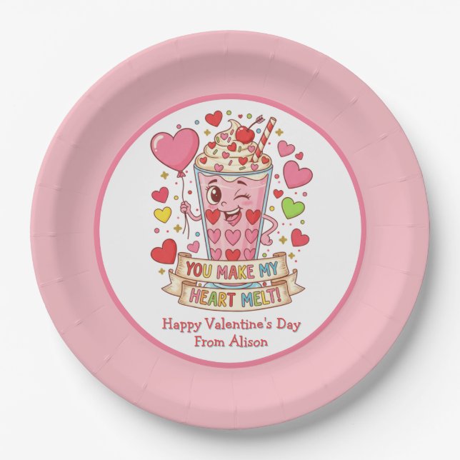 Prato De Papel Personalized Cute Milkshake Classroom Valentine (Frente)