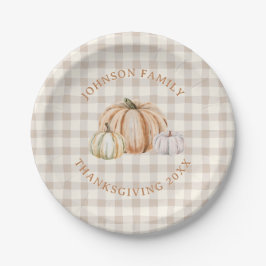 Prato De Papel Personalized Family Name Thankful Neutral Gingham