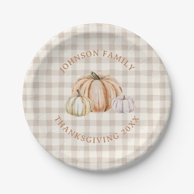 Prato De Papel Personalized Family Name Thankful Neutral Gingham (Frente)