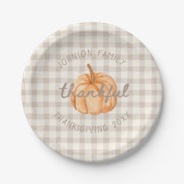 Prato De Papel Personalized Family Name Thankful Neutral Gingham 