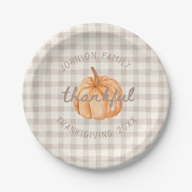 Prato De Papel Personalized Family Name Thankful Neutral Gingham  (Frente)