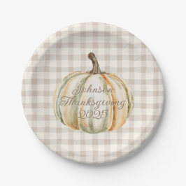 Prato De Papel Personalized Family Thanksgiving Neutral Gingham 