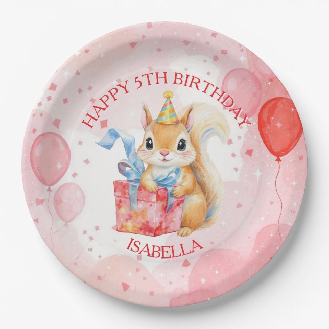 Prato De Papel Personalized Girl's Birthday Squirrel Pink and Red (Frente)