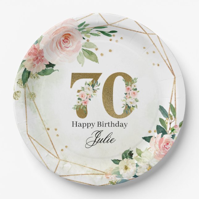 Prato De Papel Personalized Gold & Floral Custom 70th  (Frente)