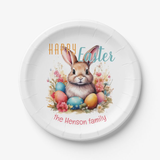 Prato De Papel Personalized Happy Easter Bunny Eggs Family  (Frente)