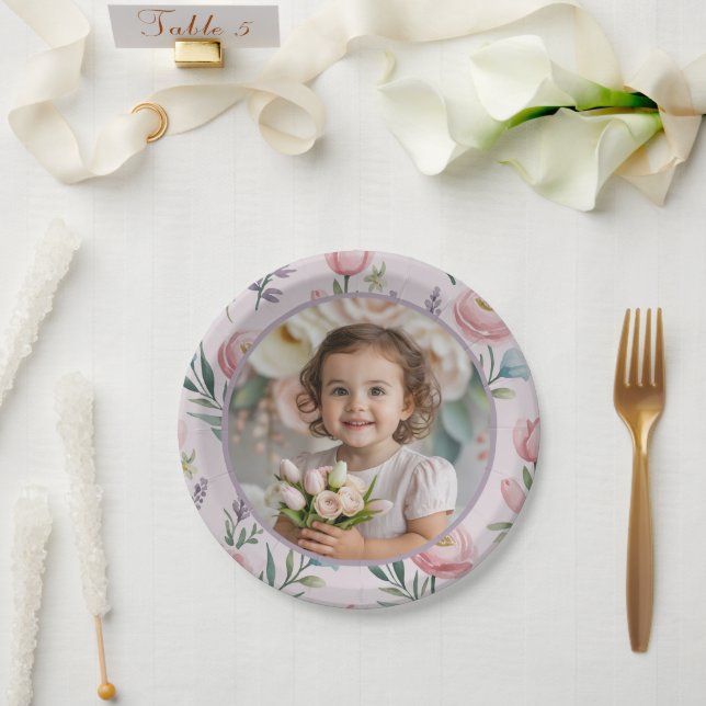 Prato De Papel Personalized Pastel Floral Photo Birthday Girl  (Casamento)