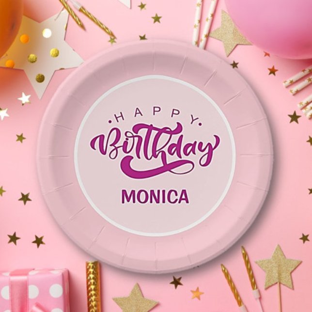 Prato De Papel Personalized Pink Happy Birthday  (Criador carregado)