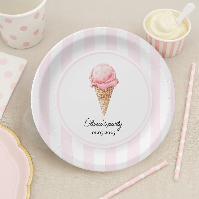 Prato De Papel Personalized Pink Ice Cream Cone Birthday (Criador carregado)
