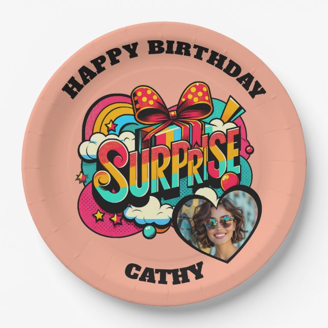 Prato De Papel Personalized Pop Art Retro Birthday Photo (Frente)