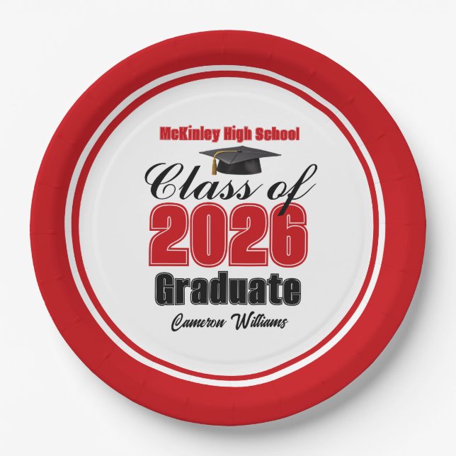 Prato De Papel Personalized Red Class of 2026 Graduation Party (Frente)
