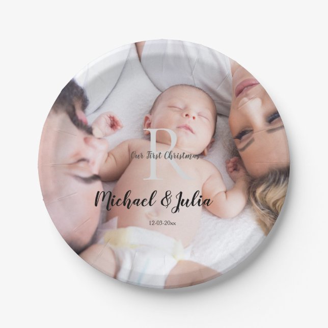 Prato De Papel personalized simple monogram name first christmas  (Frente)