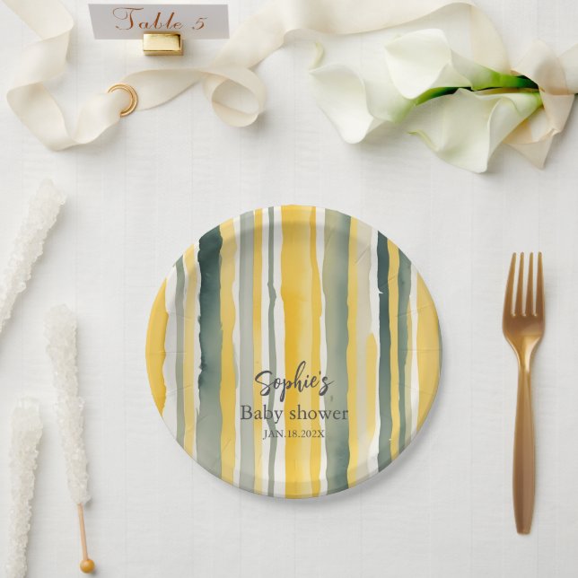 Prato De Papel Personalized Yellow Stripe Baby Shower (Casamento)