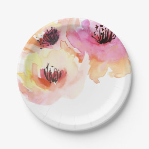 Prato De Papel Pêssego e Aquarela Rosa Floral