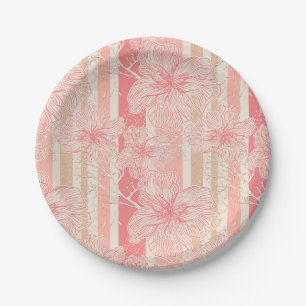 Prato De Papel Pêssego-pricot padrão floral listrado cor-de-rosa