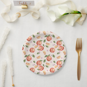 Prato De Papel Pêssegos e Blossomas de Aquarela Botânica