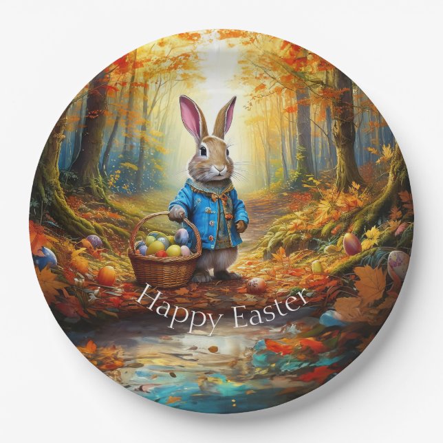 Prato De Papel Peter Easter Bunny com cesto de ovos de Páscoa (Frente)