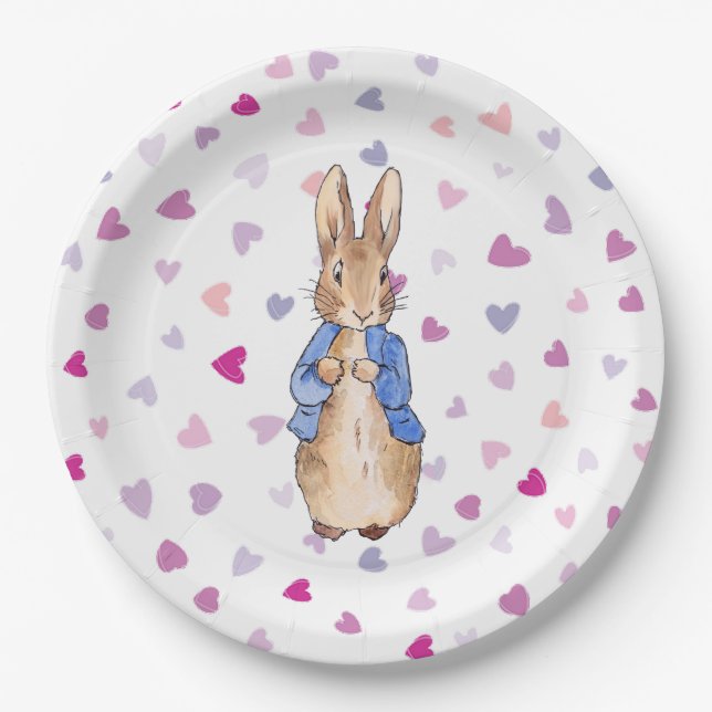 Prato De Papel Peter o Coelho com padrão cardíaco (Frente)