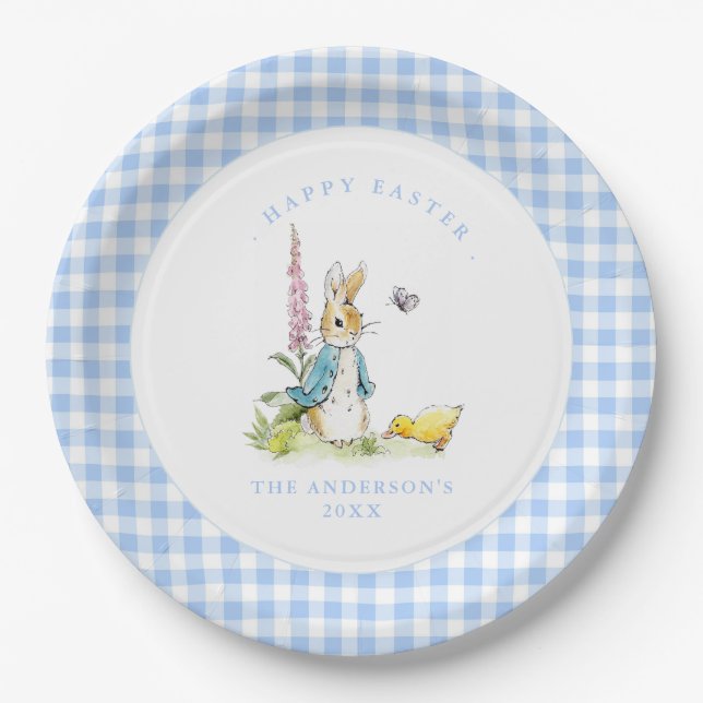 Prato De Papel Peter Rabbit Blue Gingham fronteira Páscoa (Frente)