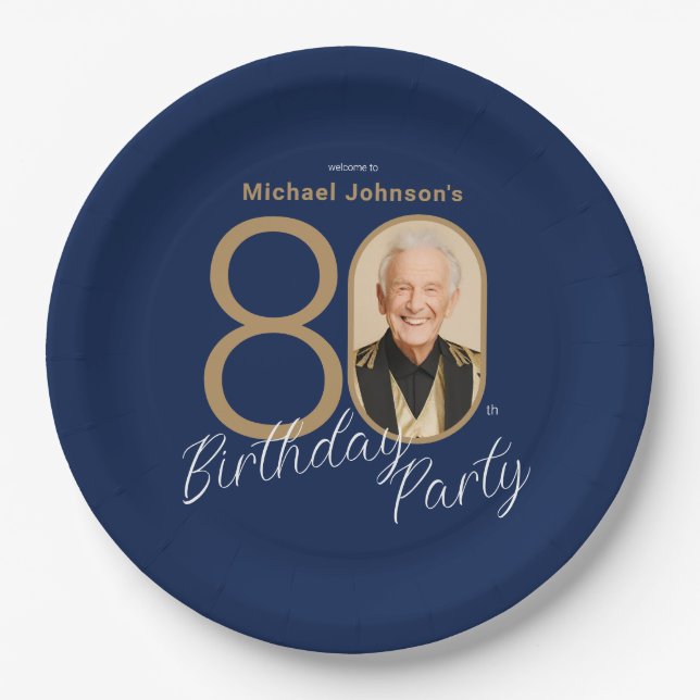 Prato De Papel Photo Navy Blue Gold Elegant Custom 80th Birthday  (Frente)