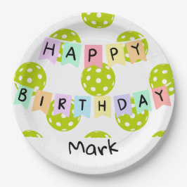 Prato De Papel Pickleball com faixa de aniversário feliz