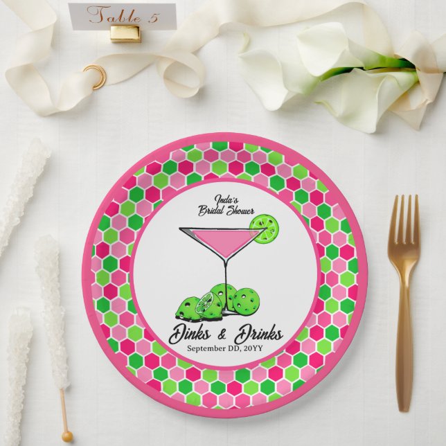 Prato De Papel Pickleball Cosmo Dinks & Drinks Favo de Mel Rosa (Casamento)