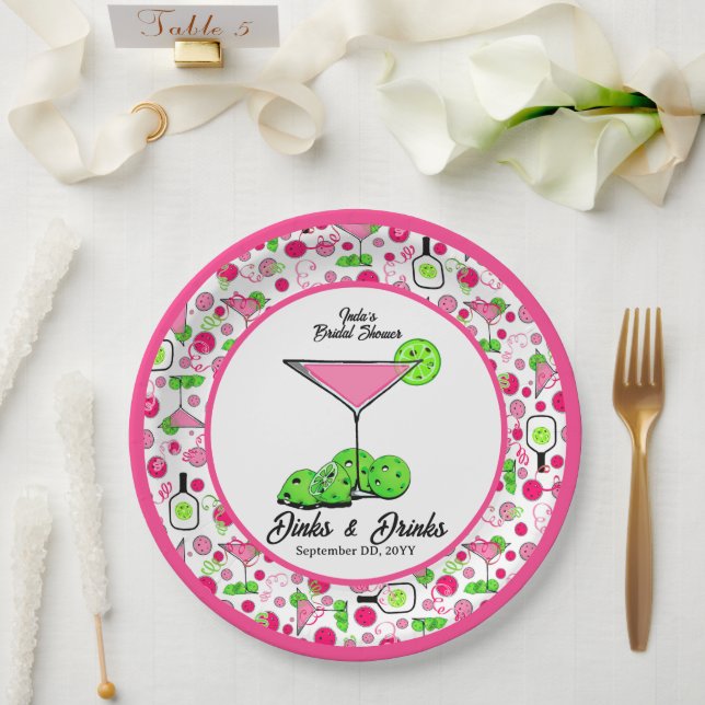 Prato De Papel Pickleball Dinks & Drinks Coquetéis Rosa Verde  (Casamento)