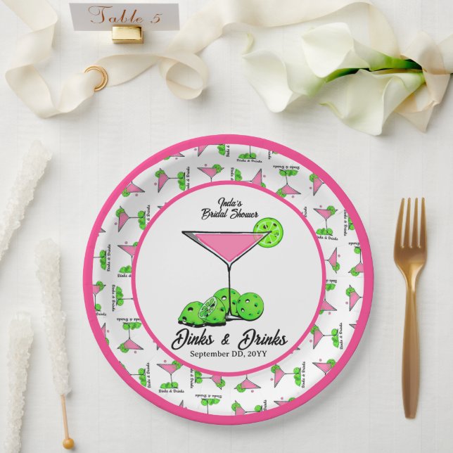 Prato De Papel Pickleball Dinks & Drinks Pink Cosmo Cocktails  (Casamento)