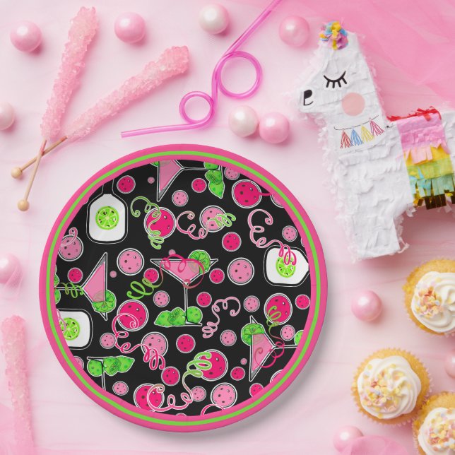 Prato De Papel Pickleball Party Pink Cosmo Cocktails Green Limes (Festa)