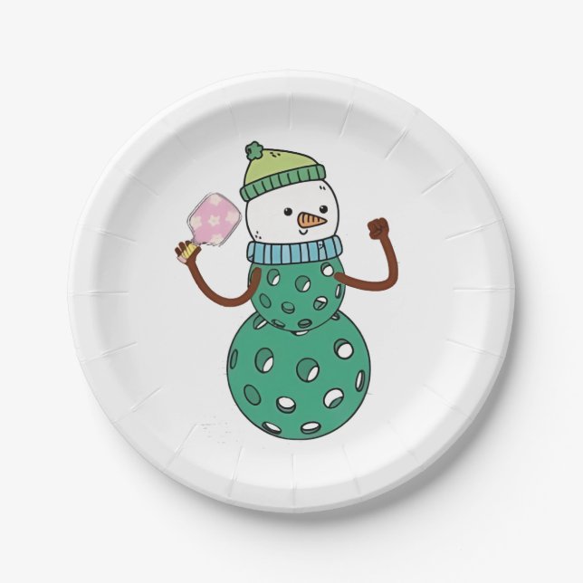 Prato De Papel Pickleball Snowman Engraçado Natal Natal (Frente)