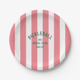 Prato De Papel Pickleball Social Club Crest Pink Cabana Stripe