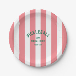 Prato De Papel Pickleball Social Club Crest Pink Cabana Stripe