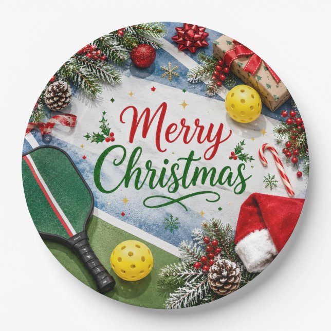 Prato De Papel Pickleball tema de Natal  (Frente)