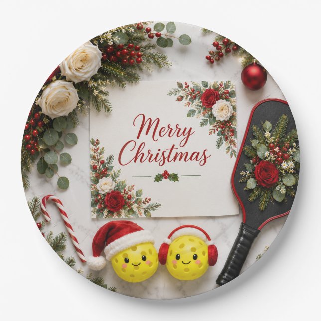 Prato De Papel Pickleball tema de Natal  (Frente)