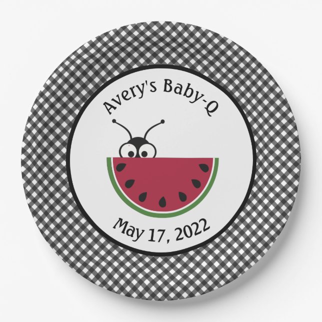 Prato De Papel Picnic Ant Watermelon Black Gingham (Frente)