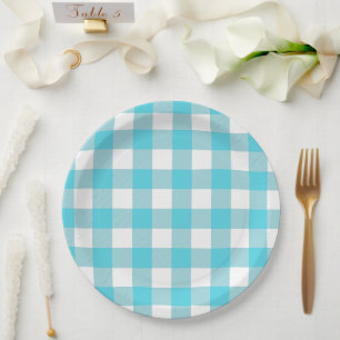 Prato De Papel Picnic de verão de Turquoise Blue & White Gingham