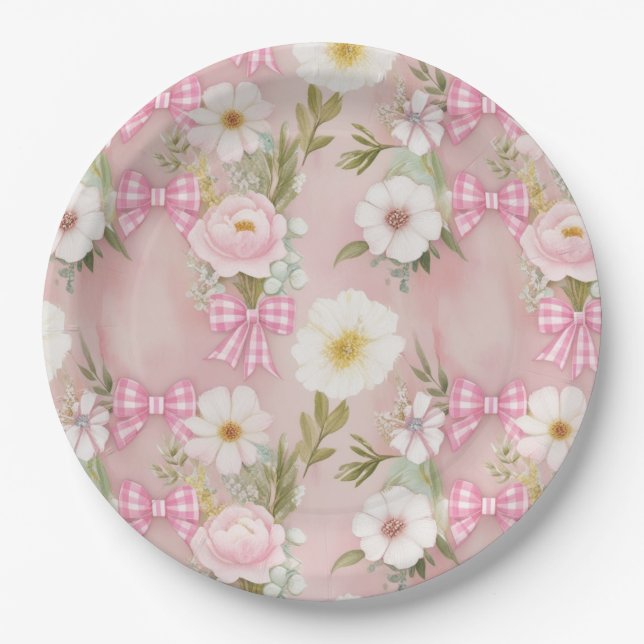 Prato De Papel Picnic Plates - Flores e Arcos Gingham (Frente)