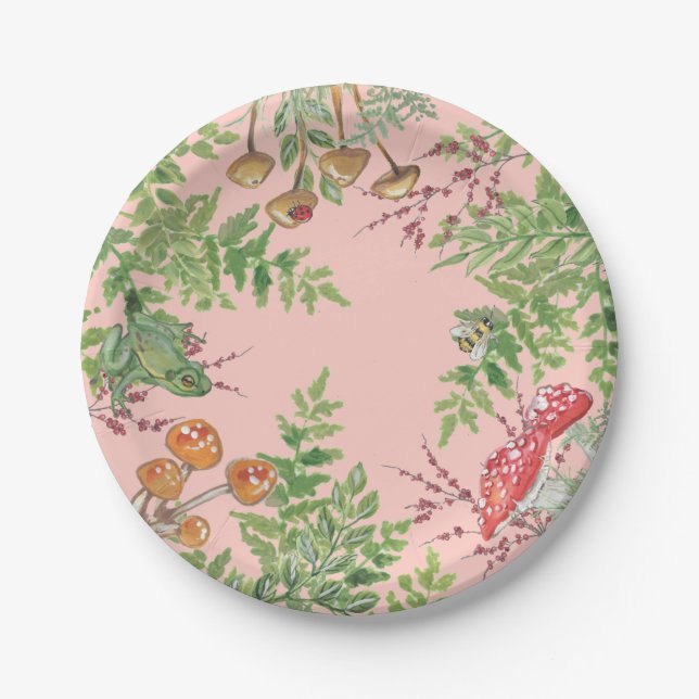 Prato De Papel Picnic Russo de Sapo Pink Woodland Bee Mushroom (Frente)