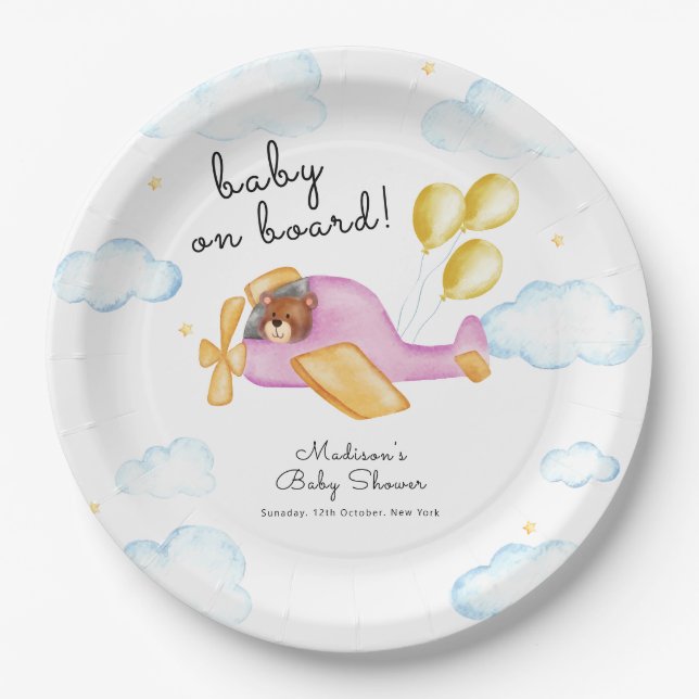 Prato De Papel Pilot Teddy Bear Balloon Airplane Baby Shower  (Frente)