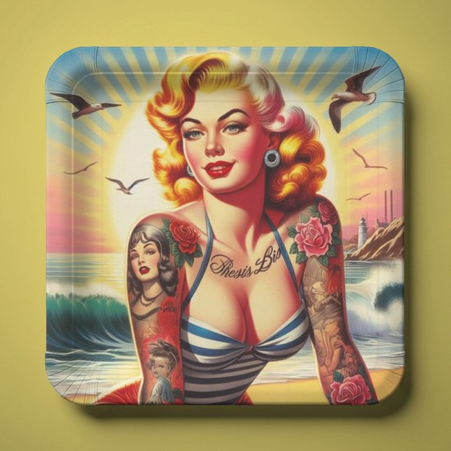Prato De Papel Pin-up Bikini Tatuado Retroativamente (Criador carregado)