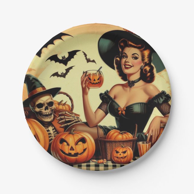 Prato De Papel Pin-Up do Halloween Vintage (Frente)