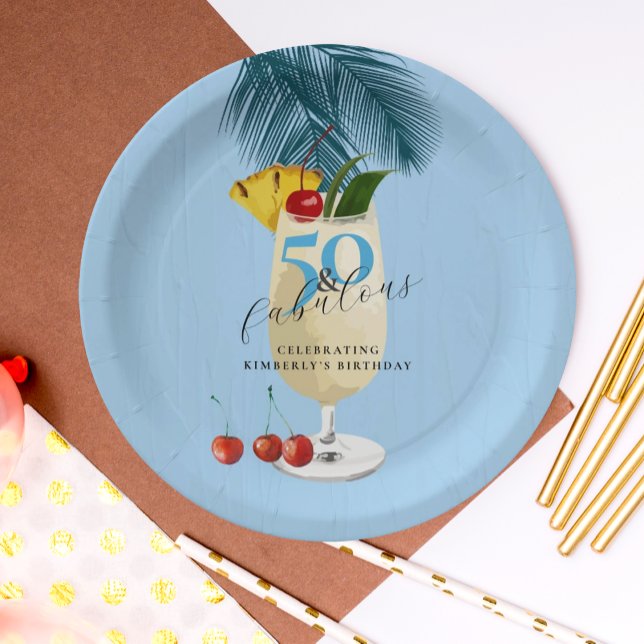 Prato De Papel Pina Colada Cocktail Blue 50th Festa de aniversári (Criador carregado)