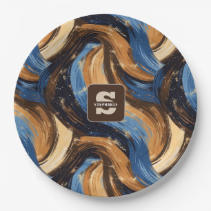 Prato De Papel Pincéis de Abstrato Curly em Azul e Castanho
