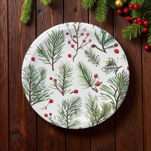 Prato De Papel Pine de Natal e Design de Woodland de Berries Verm