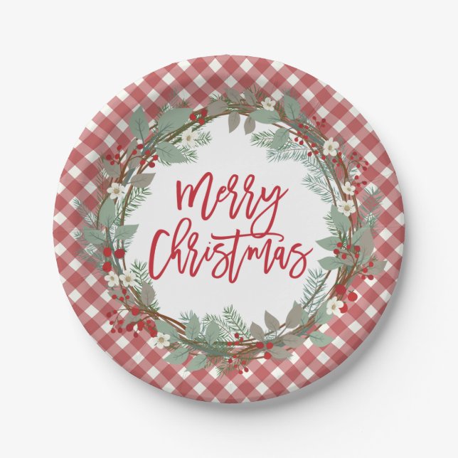 Prato De Papel Pine & Holly Rustic Farmhouse Gingham Christmas (Frente)
