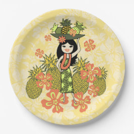 Prato De Papel Pineapple Luau Havaiana Hula Girl