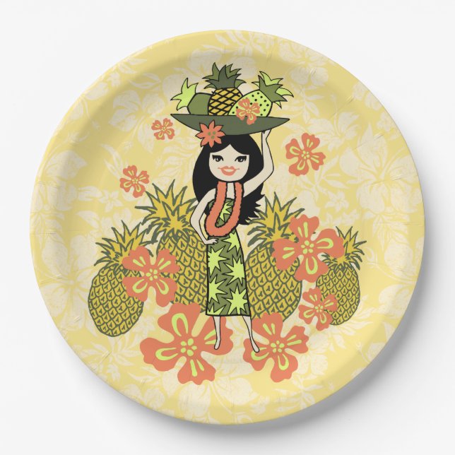 Prato De Papel Pineapple Luau Havaiana Hula Girl (Frente)