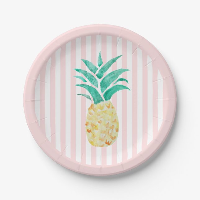 Prato De Papel Pineapple Painting Tropical Pink Stripe (Frente)