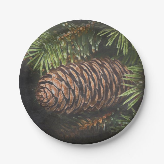 Prato De Papel Pinecone desenhado no giz de Natal e Agulhas de pi (Frente)